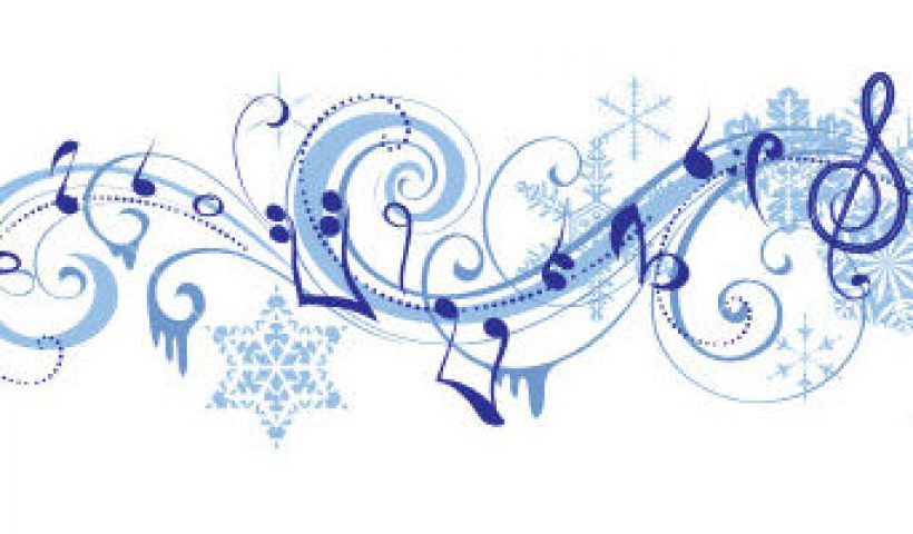 Musical notes on a snowflake background.